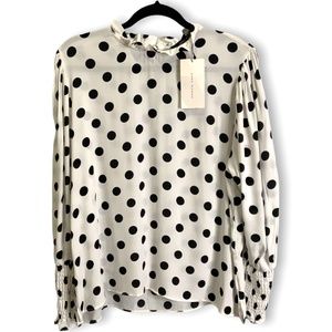 ZARA White Black Polka Dot Poet Sleeve Blouse Keyhole Back Ruffle Neck Sz XL